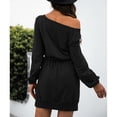 thumbnail image 4 of Vestido tipo sudadera con hombros descubiertos, jersey de manga larga para mujer, vestido con cuello barco y hombros descubiertos, vestido tipo suéter corto con lazo en la cintura, artesanía superior, 4 of 6