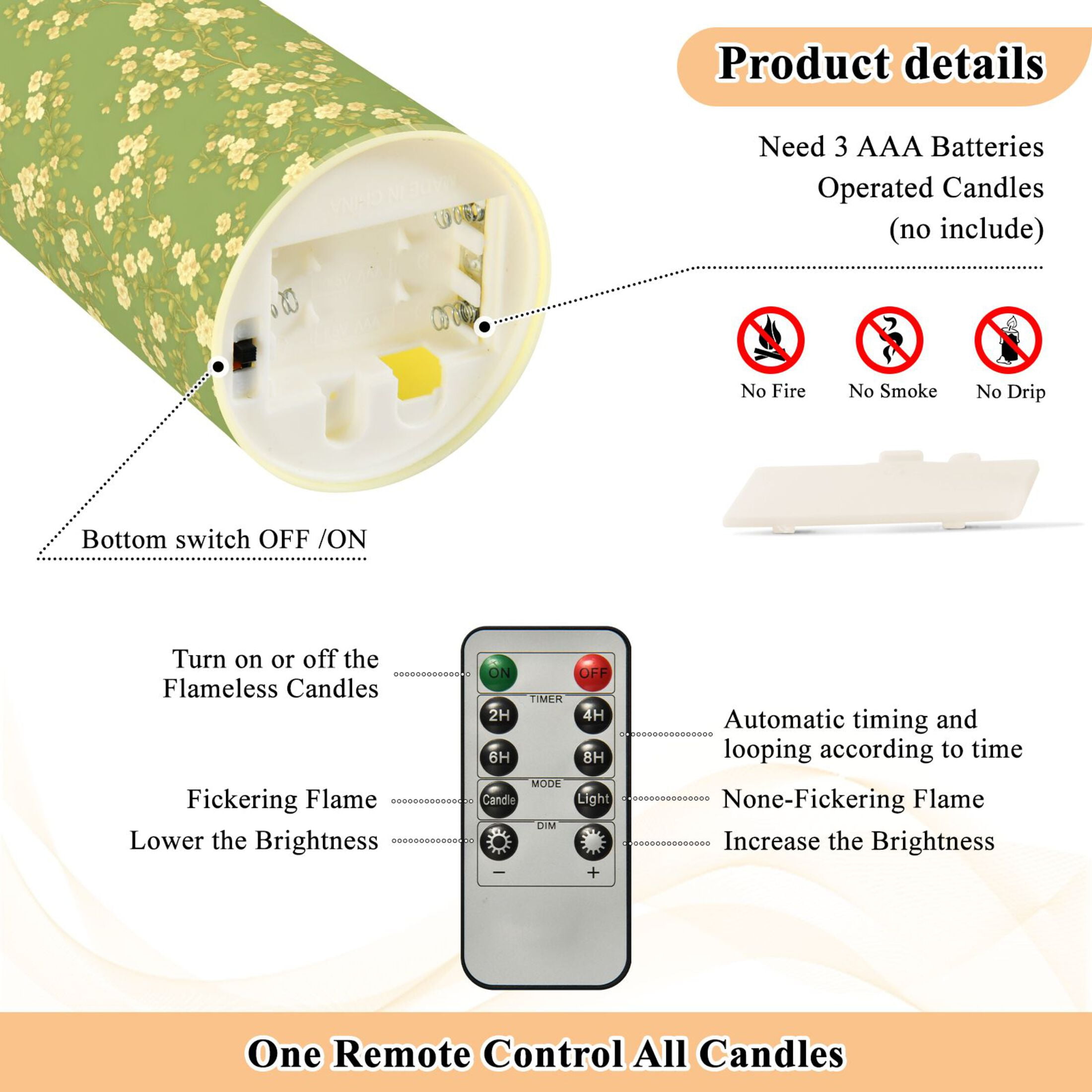 Green Floral Pattern Flameless Candles 2 PCS with Remote Realistic Moving Flame LED Tapered Pillar Set for Home Decor