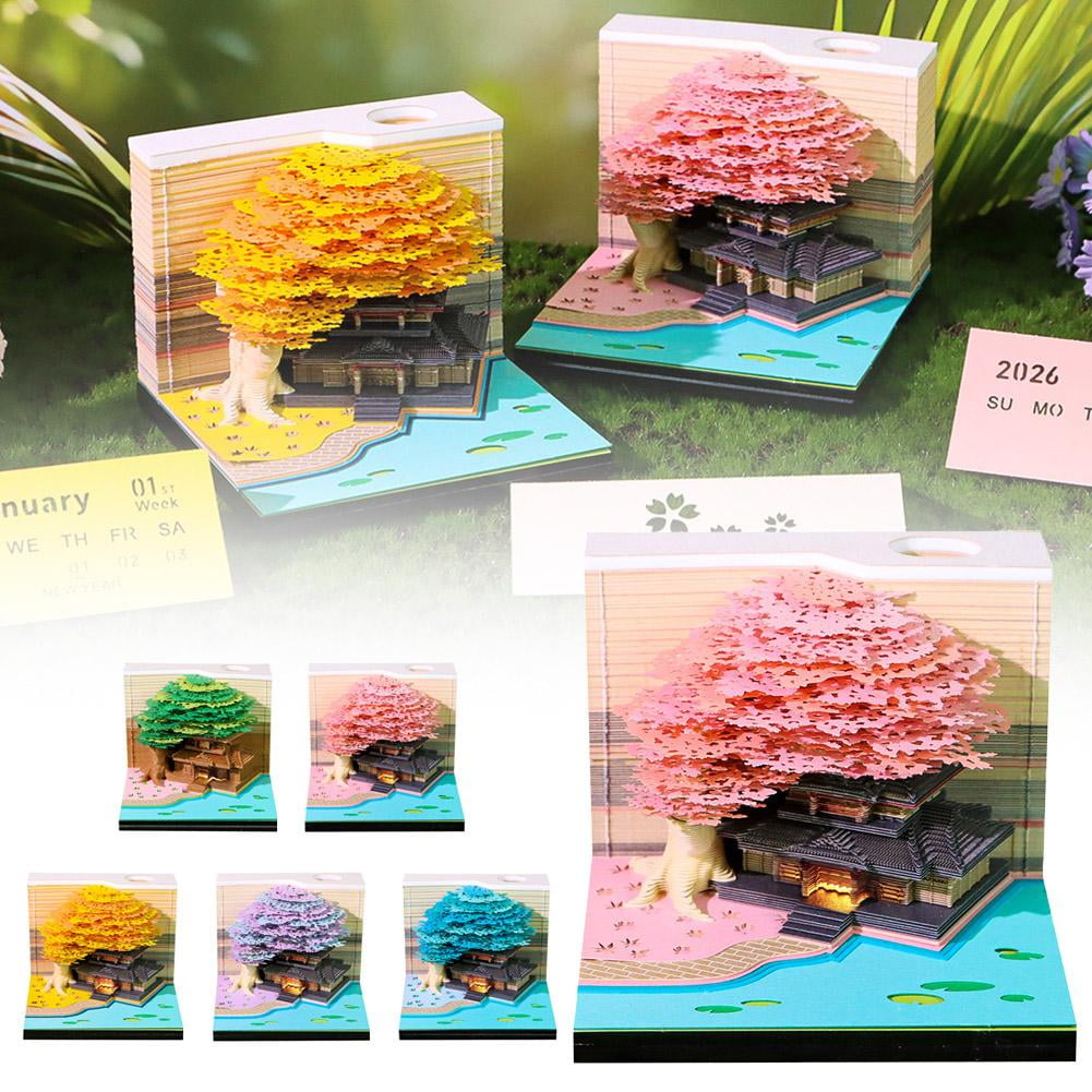 3D Calendar 2026 Unique Paper Sculpture Tree House Calendar with Lights Design, Creative 3D Non-Sticky Note DIY Paper Memo Pad for Desk Decor Christmas Birthday Gift
