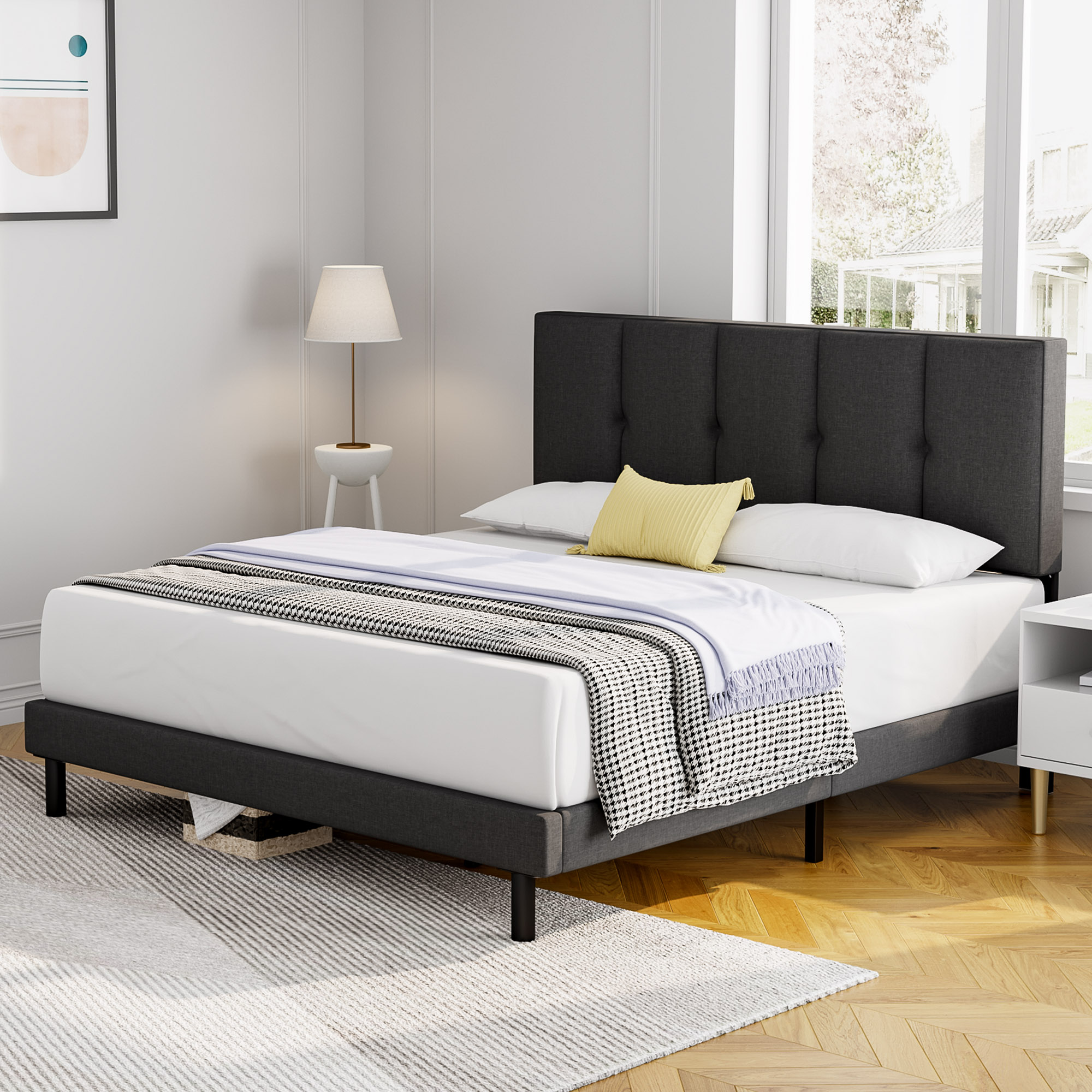 Queen bed, HAIIDE Queen Size Platform Bed Frame with Fabric Upholstered Headboard, No Box Spring Needed, Dark Grey - image 3 of 7