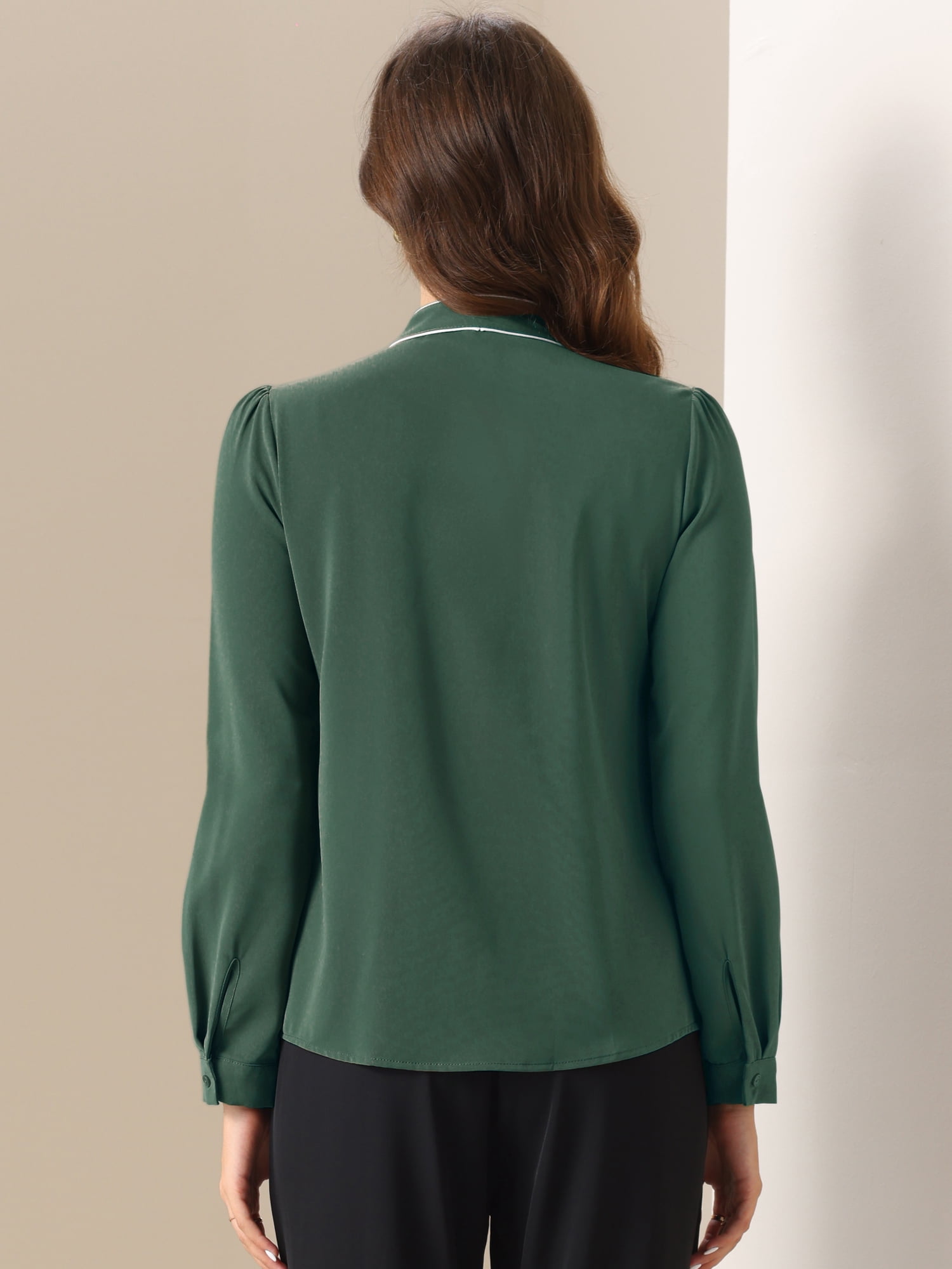 DARING DIVA Women's Contrast Color Button Down Long Sleeve Tie Neck Shirt S Dark Green