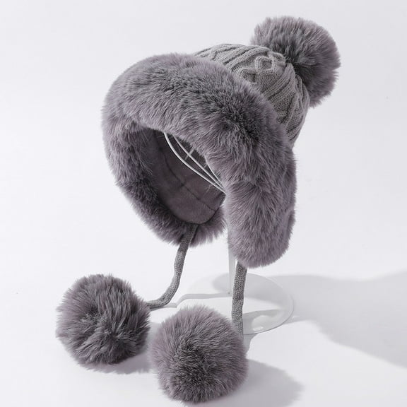 Wancir Winter Beanie Hats for Women with Ear Flaps Faux Fur Crochet Skull Cap Warm Outdoor Ski Snow Hats Pompoms