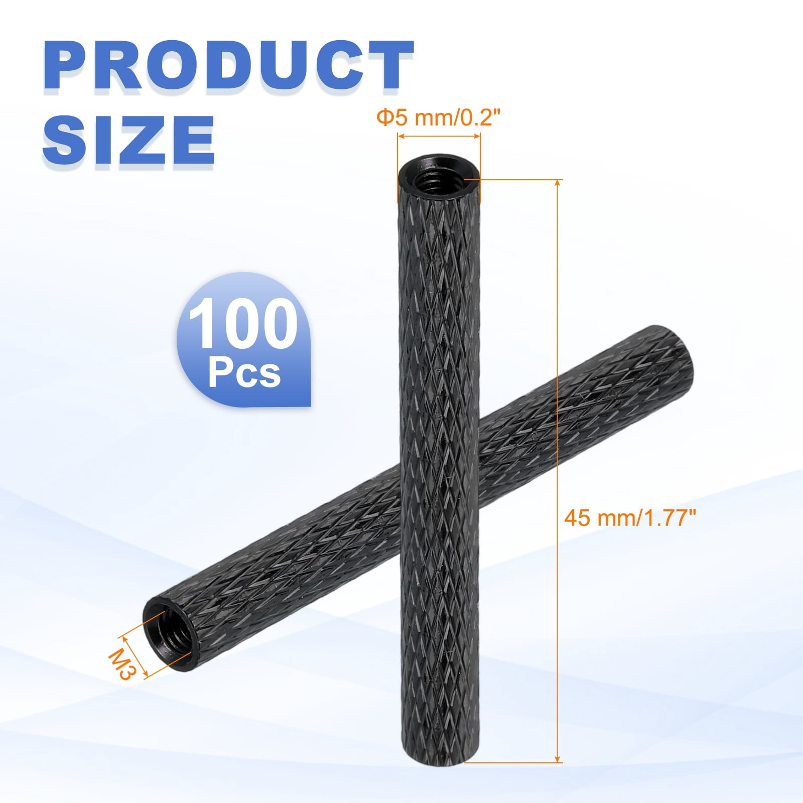 100Pcs M3 x 45mm Aluminum Knurled Spacer Standoff for RC Drone Quadcopter FPV Drone DIY Parts (Black, 5mm OD)