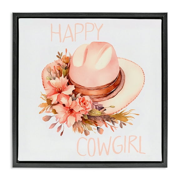 Stupell Industries Happy Cowgirl Floral Hat Plants & Flowers Painting Black Floater Framed Canvas Art Print Wall Art, 18 x 18
