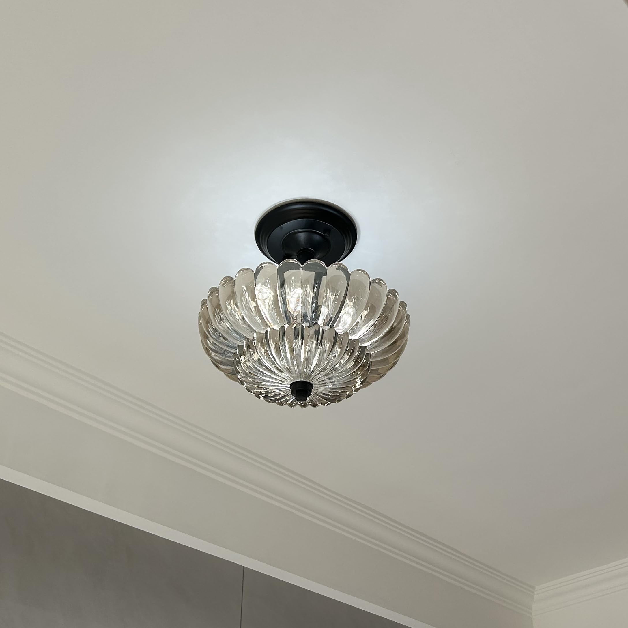 Kiven 11.8in Flush Mount Ceiling Light Fixture Dimmable, 3-Light Anti Glare Close to Ceiling Light with 15FT Plug-in Cord, Modern Glass Chandelier for Bedroom Kitchen Island Hallway