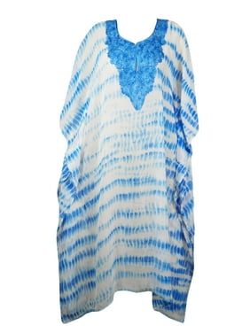Mogul Women Kaftan Maxi Dress, Blue White Embroidered Bohemian Kaftan, Printed Kaftan, Resort Wear, Long Caftan Dresses 4XL