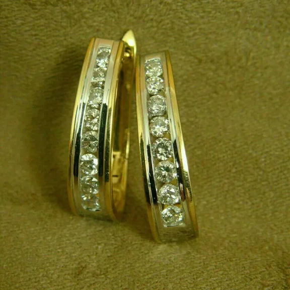 2 Ct Round Lab Created Diamond Channel Set Hoop Earrings 14K Yellow Gold Plated