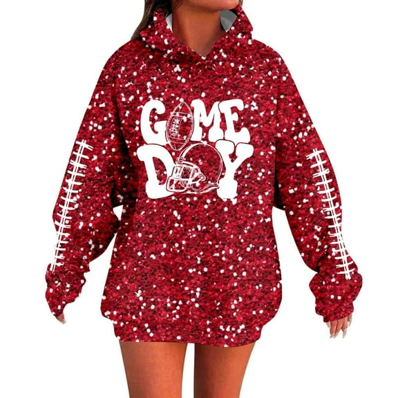 Fshinging Football Hoodie Sweatshirt For Women Long Sleeve Sequin Letter Print Oversize Pullover Tops Sunday Game Day Clothes