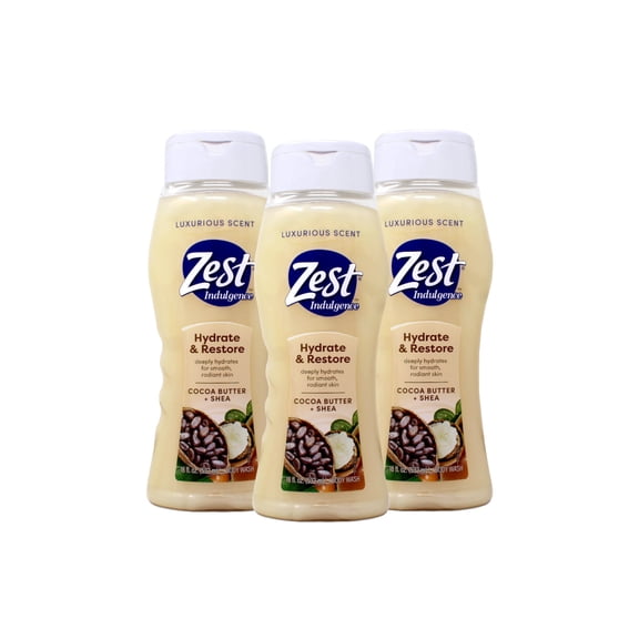 Zest Indulgence Hydrate Restore Body Wash Cocoa Butter Shea Moisture Lock Formula Luxurious Scent 18 fl oz (Pack of 3)
