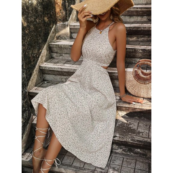 White Ditsy Floral Halter Neck Cut-Out Waist Maxi Dress For Women