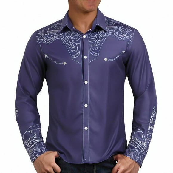 Xdzjlr Polo Shirts For Men Retro Western Denim Pattern Printed Casual Business Lapel Long Sleeved Trendy Men's Shirts M