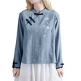 thumbnail image 2 of Endives Womens Cotton Linen Shirt Artistic Retro Embroidered Chinese Style Top Stand Collar Buckle Long Sleeve Shirt Spring Outfit Blue, 2 of 5