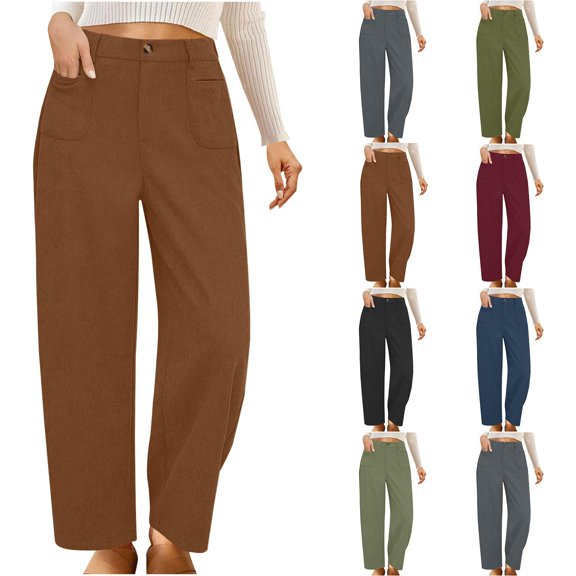 Women's Corduroy High Waist Straight Leg Pants with Pockets, Tummy Control Slim Fit Dress Pants, Slightly Flared Wide Leg Trousers for Office Daily Casual | TruBelle,Army Green L