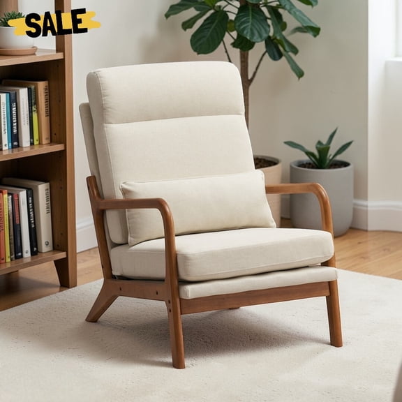 IVV High Back Armchair in Beige Linen, Comfy Upholstered Accent Chair with Wooden Legs and Lumbar Pillow for Living Room, Bedroom, Apartment