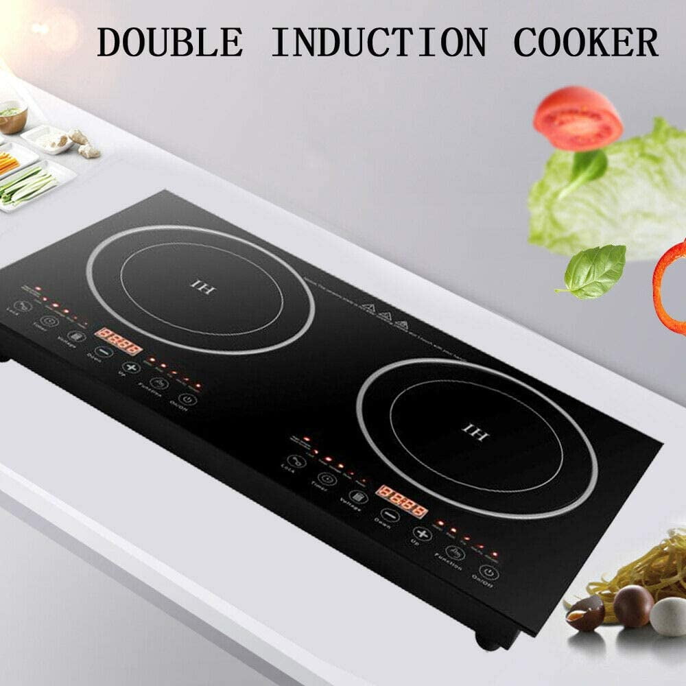 Dual Electric Induction Cooker, 1200w Portable Digital Countertop Double Burner Cooktop Burner Sensor Touch Stove with 8 Gear Firepower, Double Induction Cooktop Cooker Fit for Iron Pot 110V
