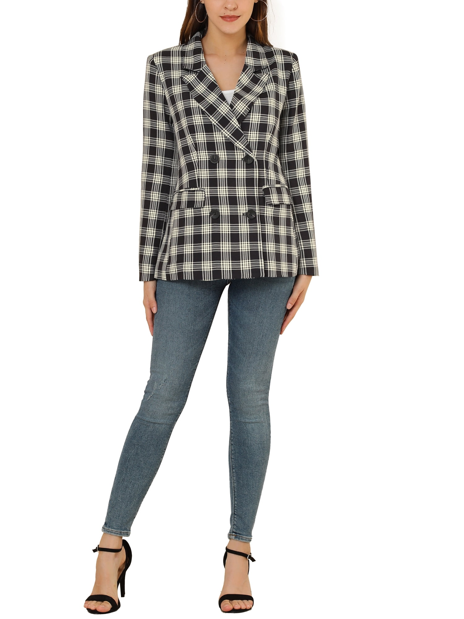 DARING DIVA Women's Plaid Notched Lapel Blazer Jacket M Black