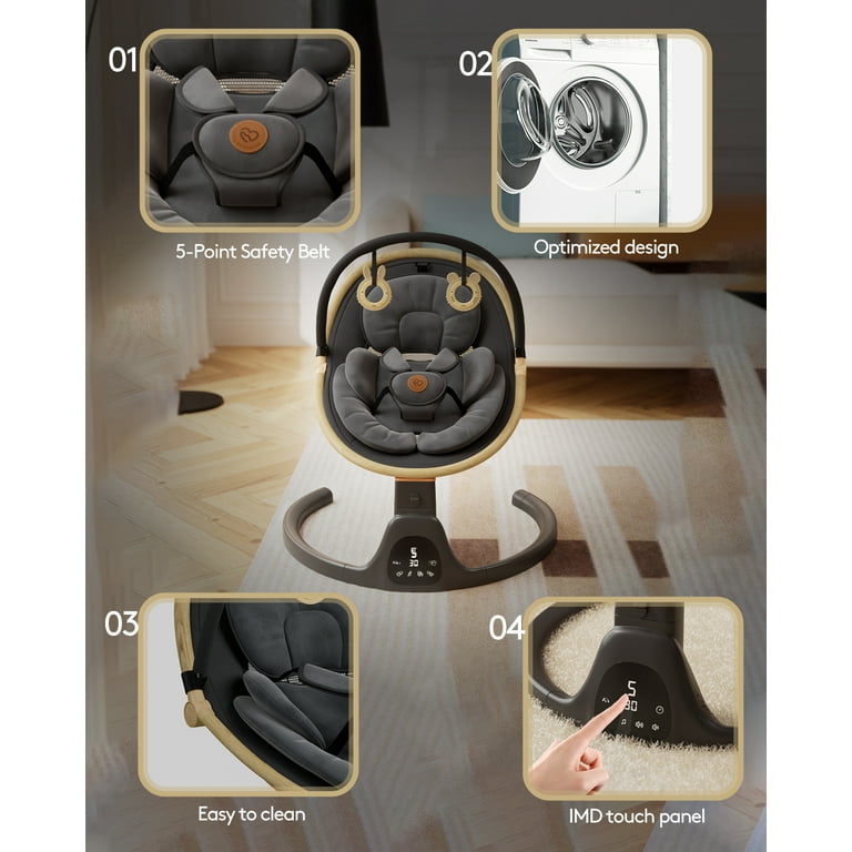 Baby Swing, Portable Bluetooth Infant Swing with Timer, 5 Speeds, 10 Lullabies, 5-Point Harness, Black