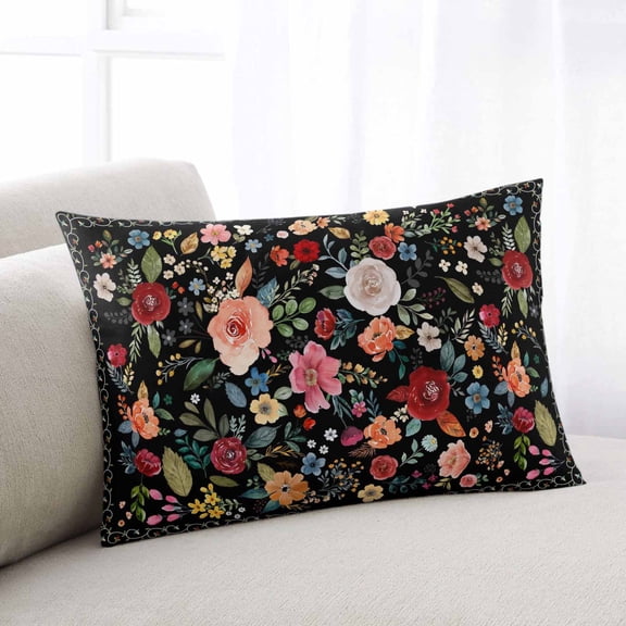 Watercolor Flowers Oversized Pillow Covers, Farmhouse Floral Vintage Black Soft Throw Pillow Cases with Invisible Zipper, Decorative Pillowcase Pillows Protectors for Sofa Bed Couch 24"x36"