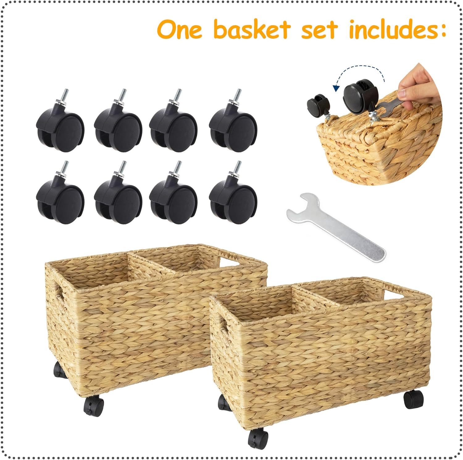 Rolling Wicker Storage Basket Set of 2 – Natural Water Hyacinth & Seagrass Bins on Wheels with Removable Divider & Insert Handles – Nesting Design for Under Desk, Home & Office Organization