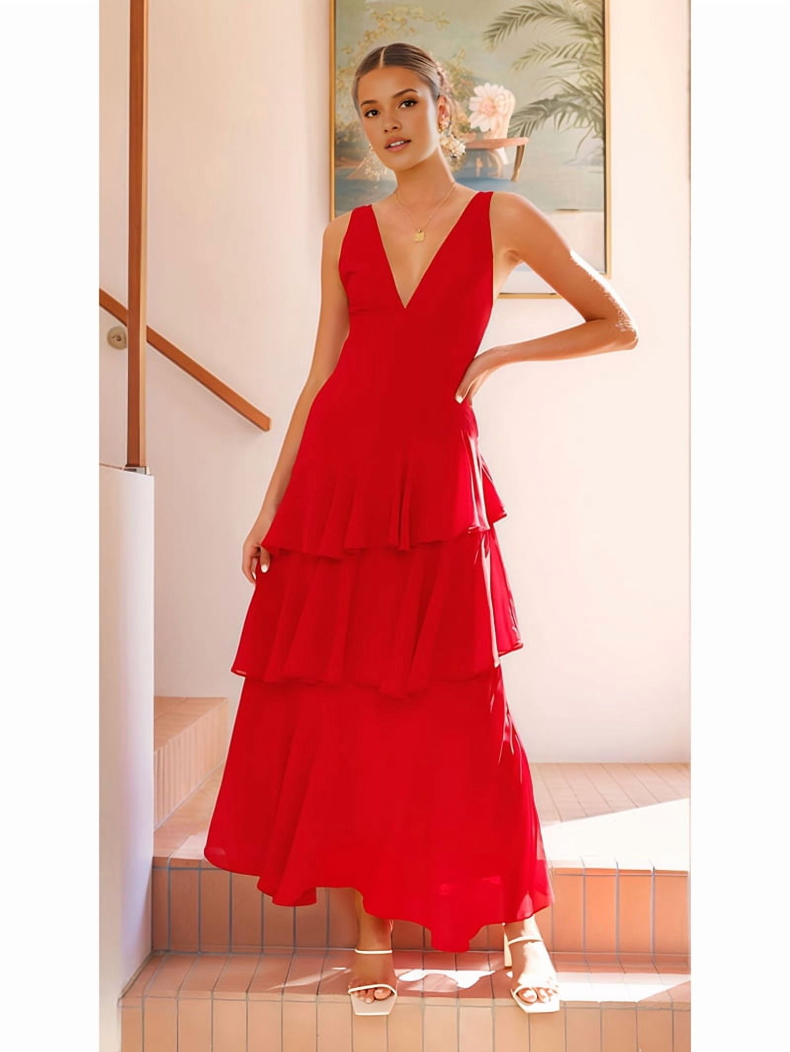 Tiered Chiffon Bridesmaid Dresses for Women Ruffle Formal Evening Dresses Long with Pleated Red M