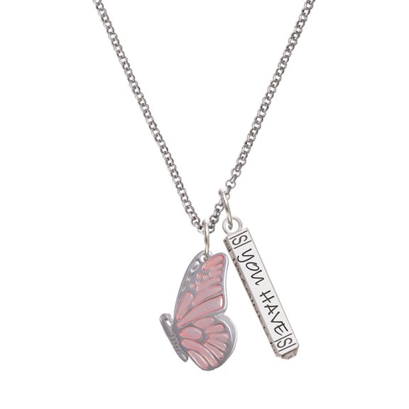 Delight Jewelry Silvertone Large Translucent Pink Flying Butterfly Silvertone Live the Life You Have Imagined Bar Charm Necklace, 23"