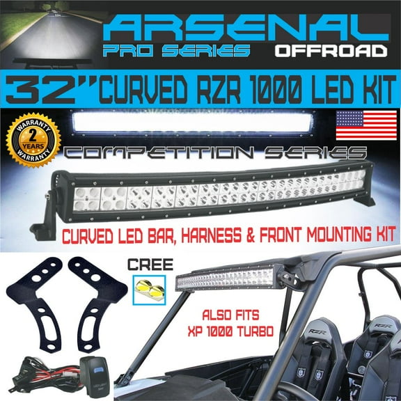 No.1 32" Curved Arsenal RZR XP900 XP1000 LED Light KIT 180w Flood/Spot Combo Beam CREE 3w LED's 18,000 Lumen,Fits Polaris RZR XP900 XP1000 RZR4 XP4 2014-2018 Front mounts, Harness