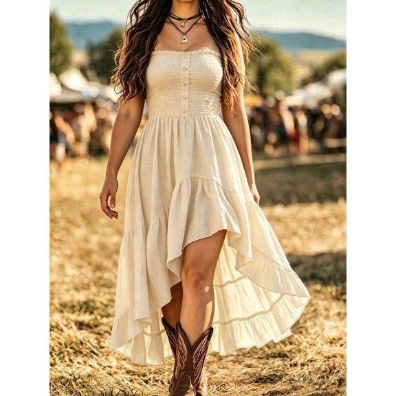 Plus Size Bohemian Asymmetrical Ruffle Hem Cami Dress Apricot