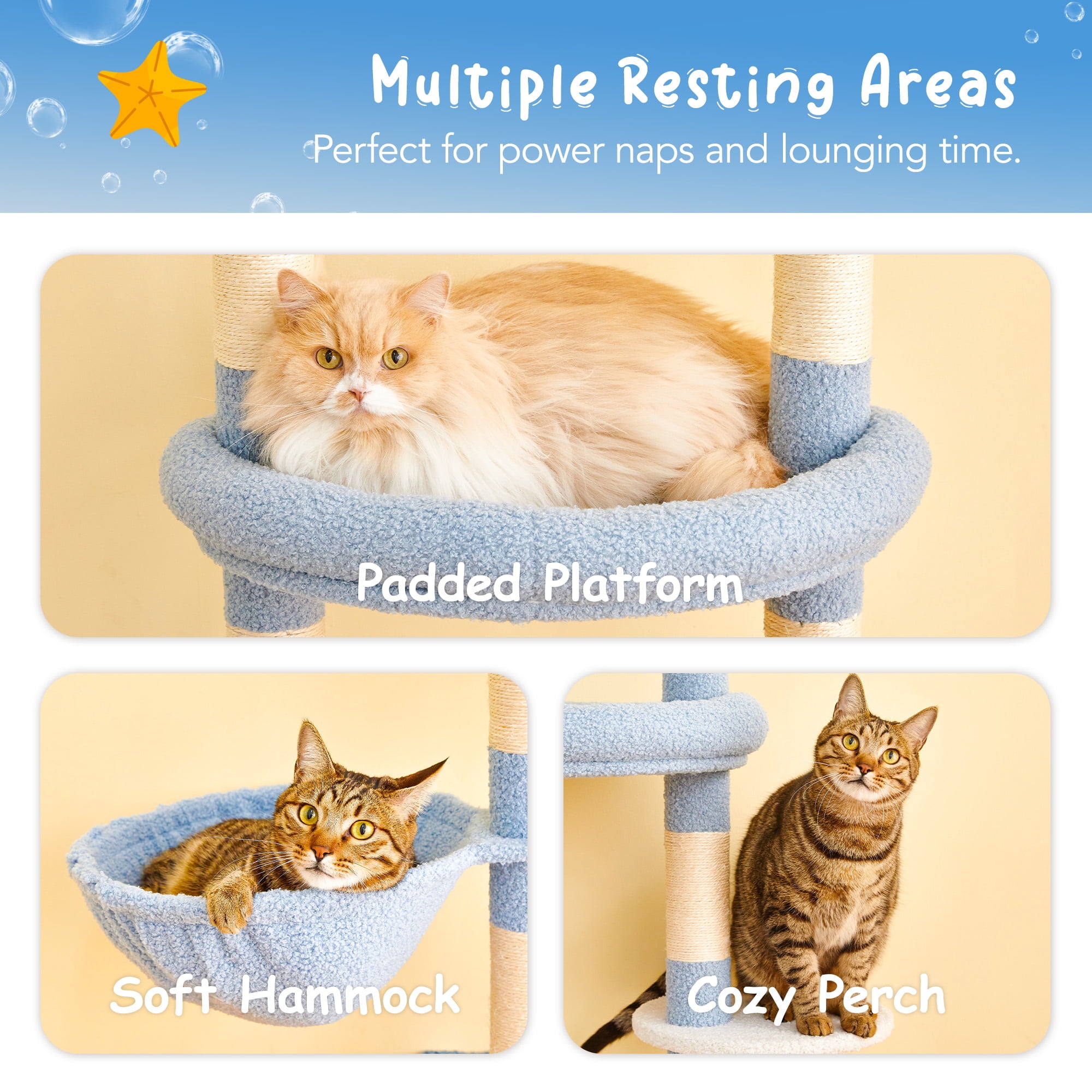 Furcato 92.1"-101.6" Adjustable Height Cat Tree, Floor to Ceiling Cat Tower, 7 Tiers Cat Climbing Tree with Hammock, Blue