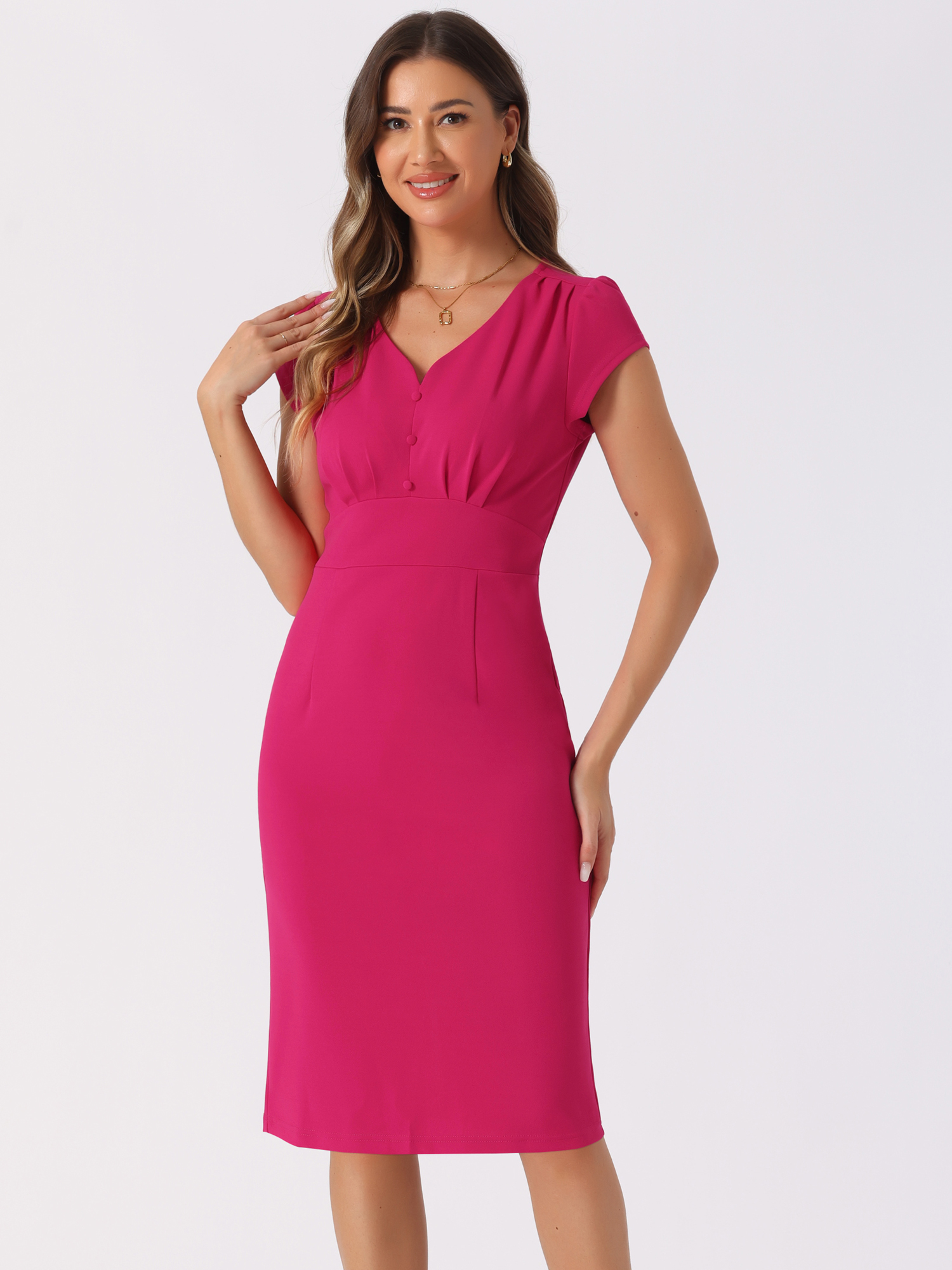 DARING DIVA V Neck Sheath Cap Sleeves Split Pencil Blouse S Hot Pink