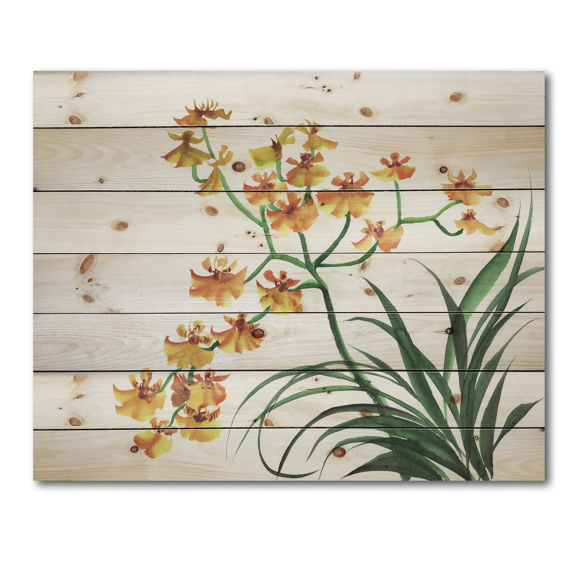Designart 'Yellow Vintage Orchids On White' Traditional Print on Natural Pine Wood