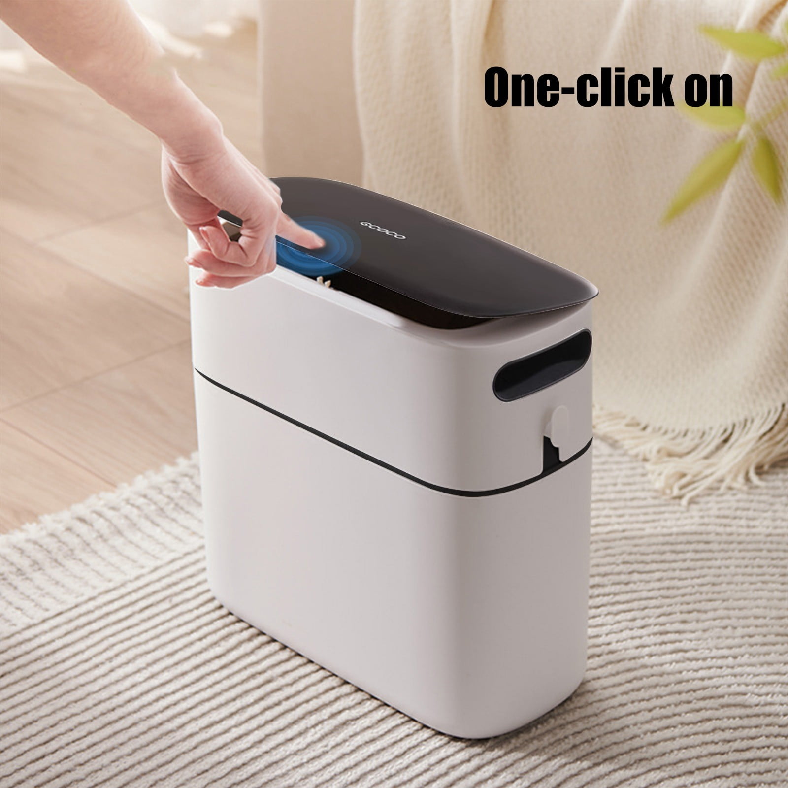Bathroom Trash Can 8L, Black Semi Automatic with 1 Roll Garbage Bag, Non Contact Large Capacity Thickened Wastebasket for Living Room