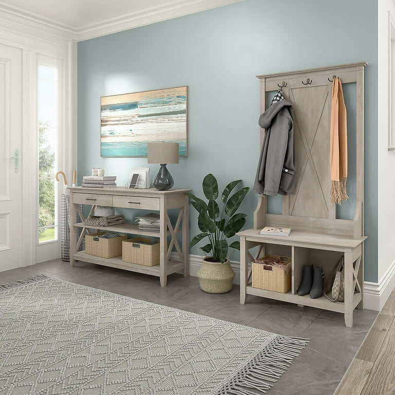 Bush Furniture Key West Entryway Storage Set with Hall Tree Shoe Bench and Console Table Washed Gray