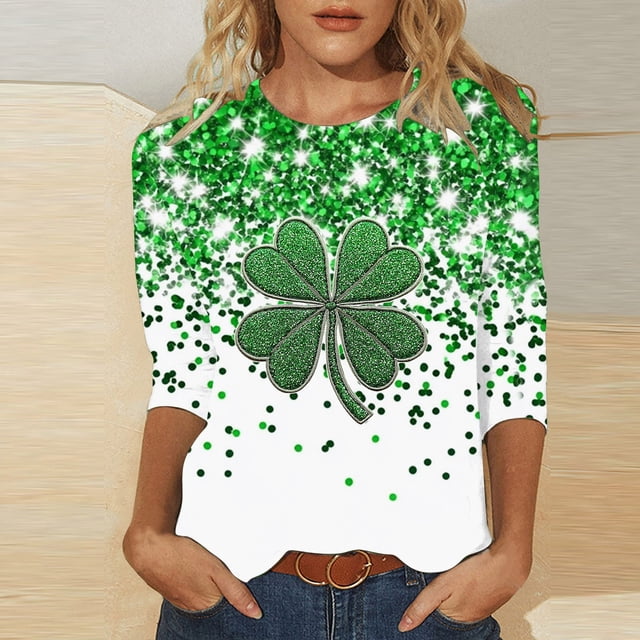 TaTaai Women's Irish Holiday T-Shirt Round Neck 3/4 Sleeve Loose Fit Green Print St. Patrick's Day Theme Casual Spring Top Gift