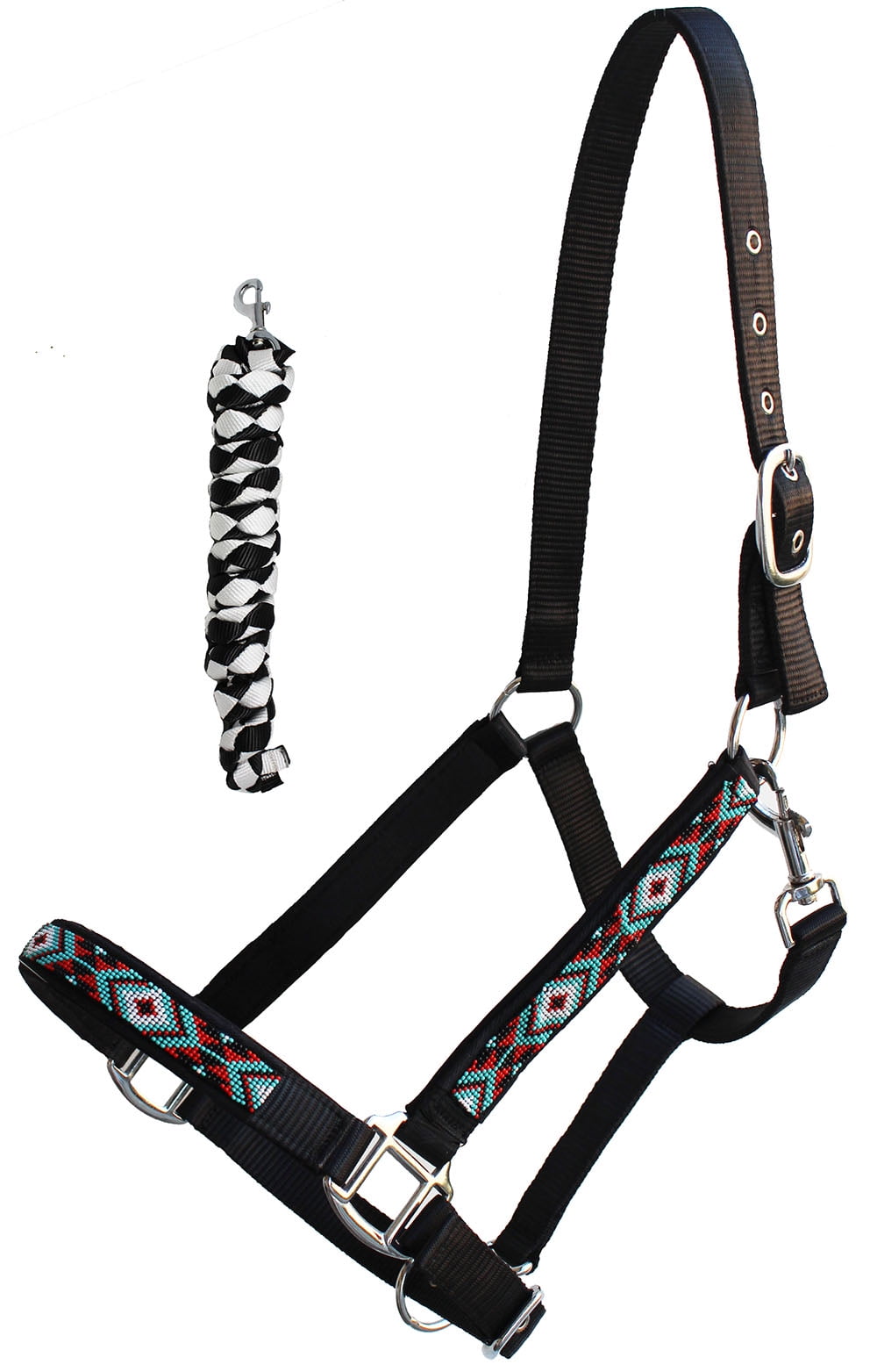 Nylon Horse Beaded Halter Nickle Plated Hardware w/ Lead Rope Tack Blue