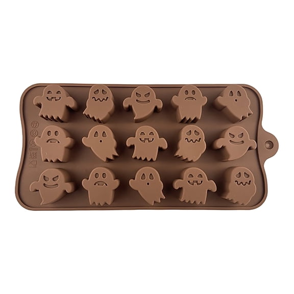 Halloween Silicone Mold 15 Cavity, Ghost Shape Non-Stick Baking Tray for Chocolate Candy Jelly Ice Soap Making (Light Brown)