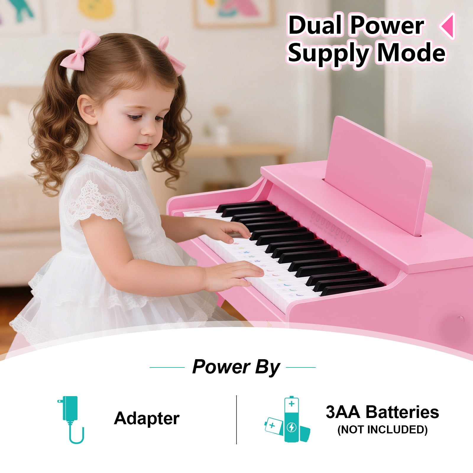 Pink 37Keys Kids Digital Piano Keyboards Wooden Toys Toddler Gifts for Music Education w/Bench,Stickers