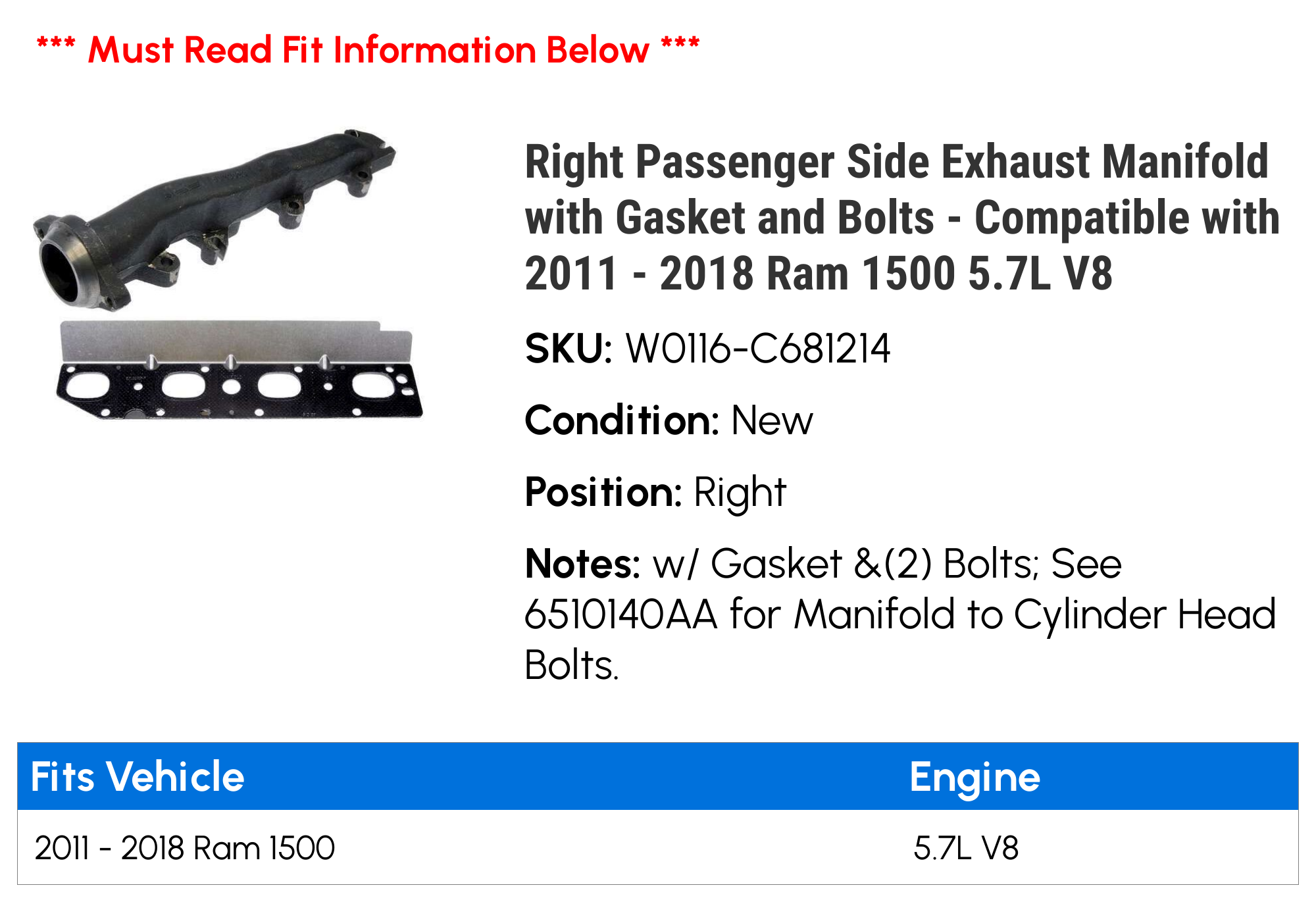 Right Passenger Side Exhaust Manifold with Gasket and Hardware  Compatible with 2009 2010 Dodge Ram 1500 5.7L V8