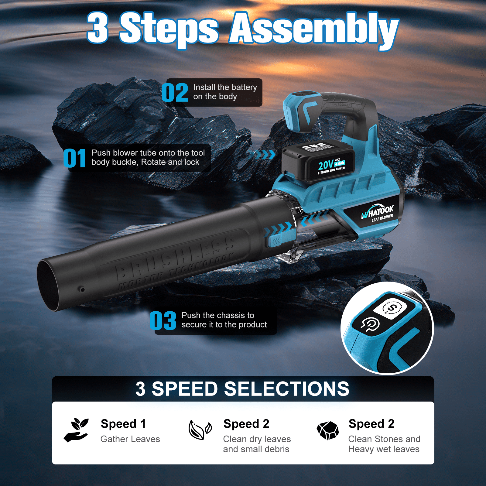WHATOOK 20V Cordless Leaf Blower with 2 X 4.0Ah Batteries & Charger, Blushless Motor Electric Leaf Blowers for Lawn Care 450 CFM 120MPH for Snow Blowing Garden Cleaning