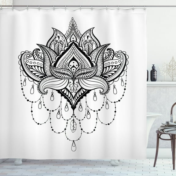 Ambesonne Folk Shower Curtain, Lotus Flower Culture, 69"Wx84"L, White Black
