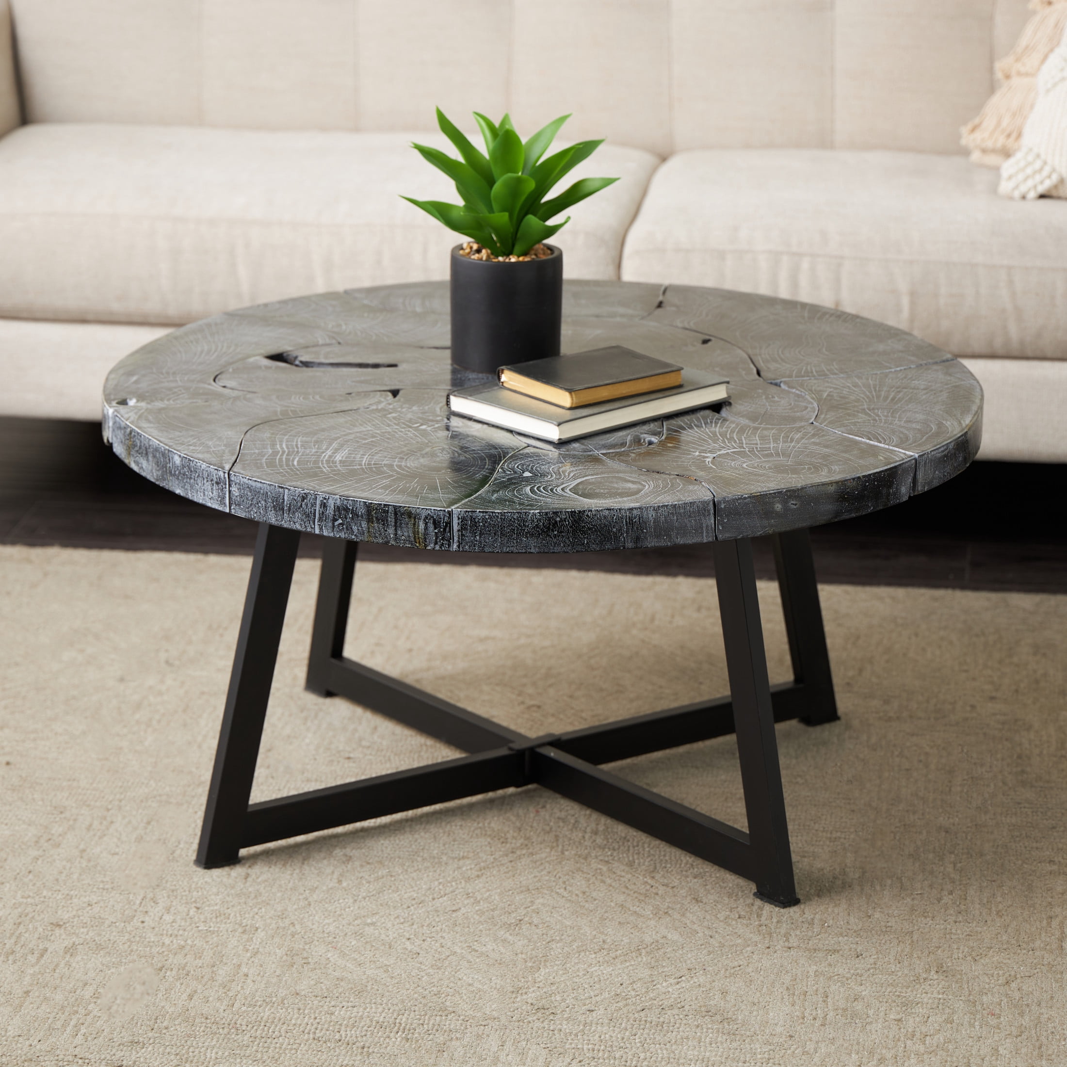 DecMode 35" x 18" Black Teak Wood Handmade Live Edge Geometric Coffee Table with Black Metal Base, 1-Piece