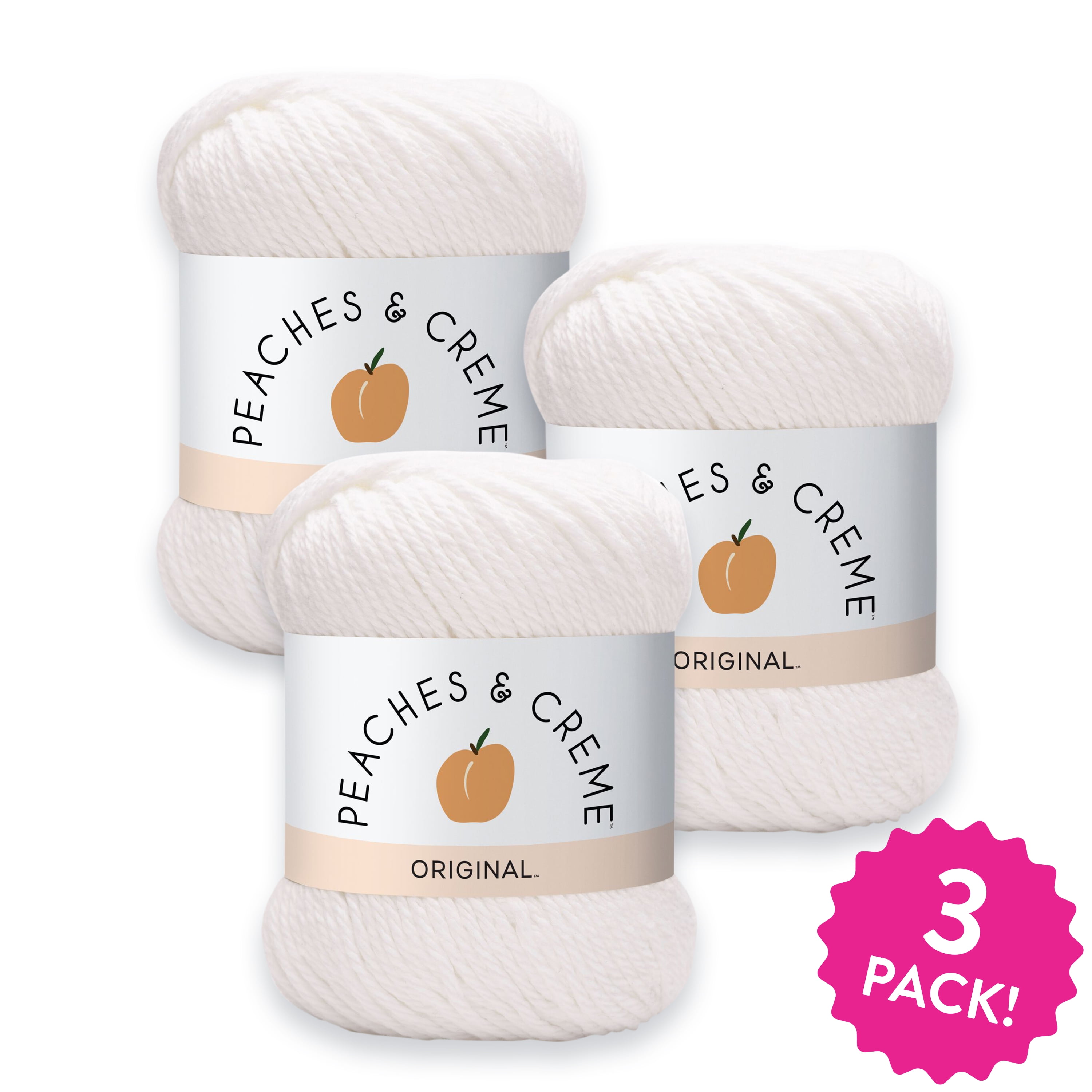Peaches & Crème Cotton Yarn, White, 2.5oz(70.9g), Medium, Cotton, 3 pack