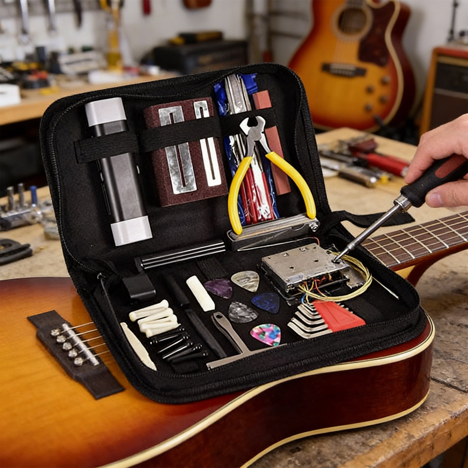 77 Pcs Guitar Repair Tool Kit for Acoustic and Electric Guitar Maintenance Luthier Setup Measuring Tools with Action Ruler Files and Carrying Case