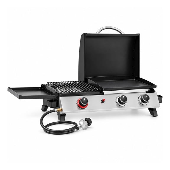 3-Burner Portable Propane Gas Griddle with Side Burner and Lid, 3-in-1 Grill and Griddle Combo, 29,000 BTU Outdoor Cooking Silver