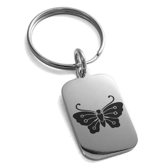 Stainless Steel Kawari Kocho Butterfly Kamon Crest Engraved Small Rectangle Dog Tag Charm Keychain Keyring