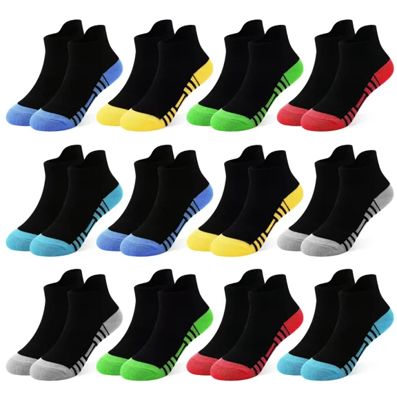 Kids Trainer Socks Boys Sports Ankle Athletic Socks 12 Pairs Black White Design of Splicing Stripes Breathable Socks for 1-14 Years Children