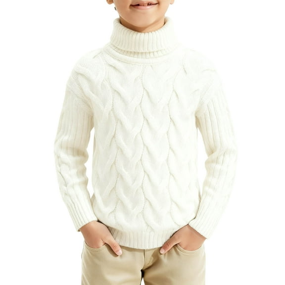Hxshgdsn Girls Boys Cable Knit Sweaters Ribbed Turtleneck Long Sleeve Sweatshirts Thick Warm Winter Tops White 9-10Years