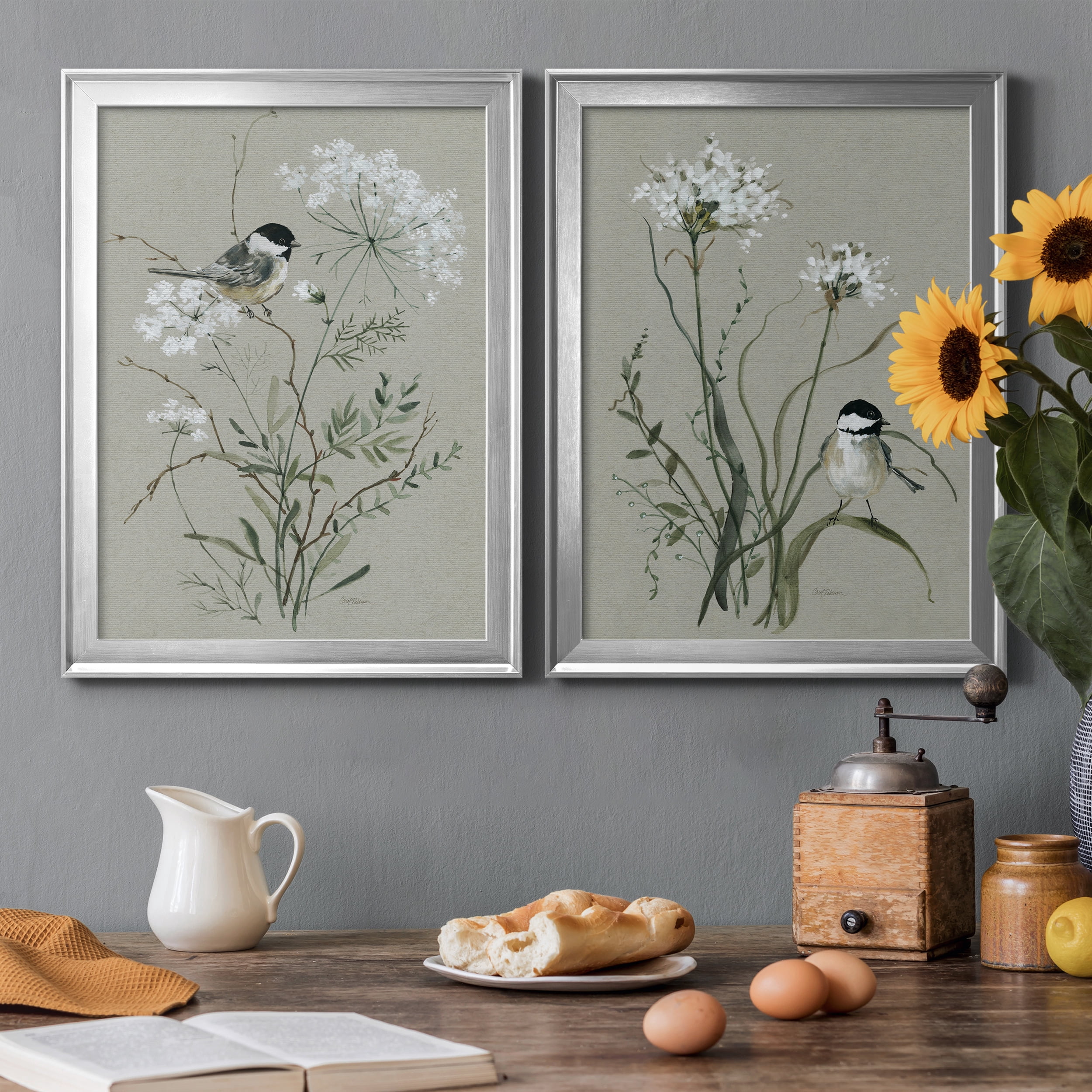 2 Piece Set Bouquet of Grace Bird I Premium Framed Canvas - Ready to Hang - 22.5 x 30.5 Each - Silver Frame