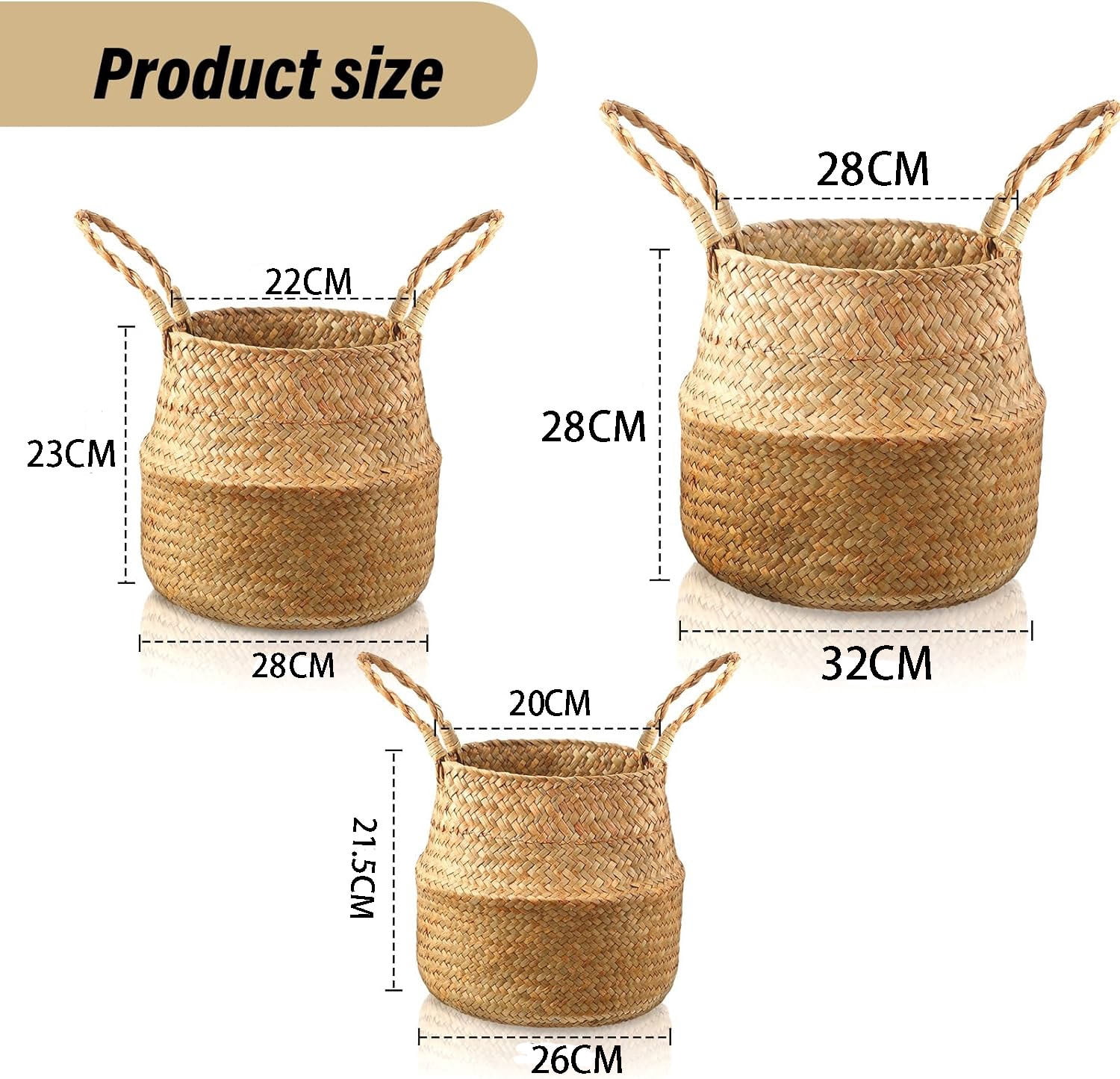 Happon 2 Pack Seagrass Belly Basket,Hand Woven Picnic Basket with Handles,Plant basket for Storage, Laundry, Picnic, Plant Pot Cover, & Toy Storage