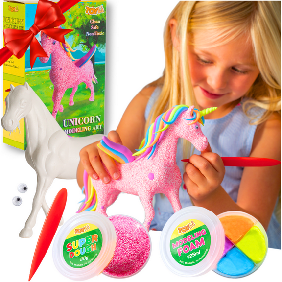 TOYLI Unicorn Modeling Clay Kit with Pink Sparkly Foam Beads and Clay Art DIY for Kids Age 6 Girls Boys, Creativity and Imagination