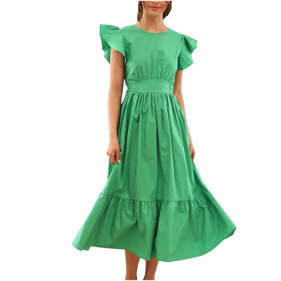 Bigersell Wedding Dresses for Women Fashion Women Summer Casual Backless Solid Bandage Sleeveless Flounced Dress Tall Cocktail Dress Style 25606, Female Long Dresses Green XL